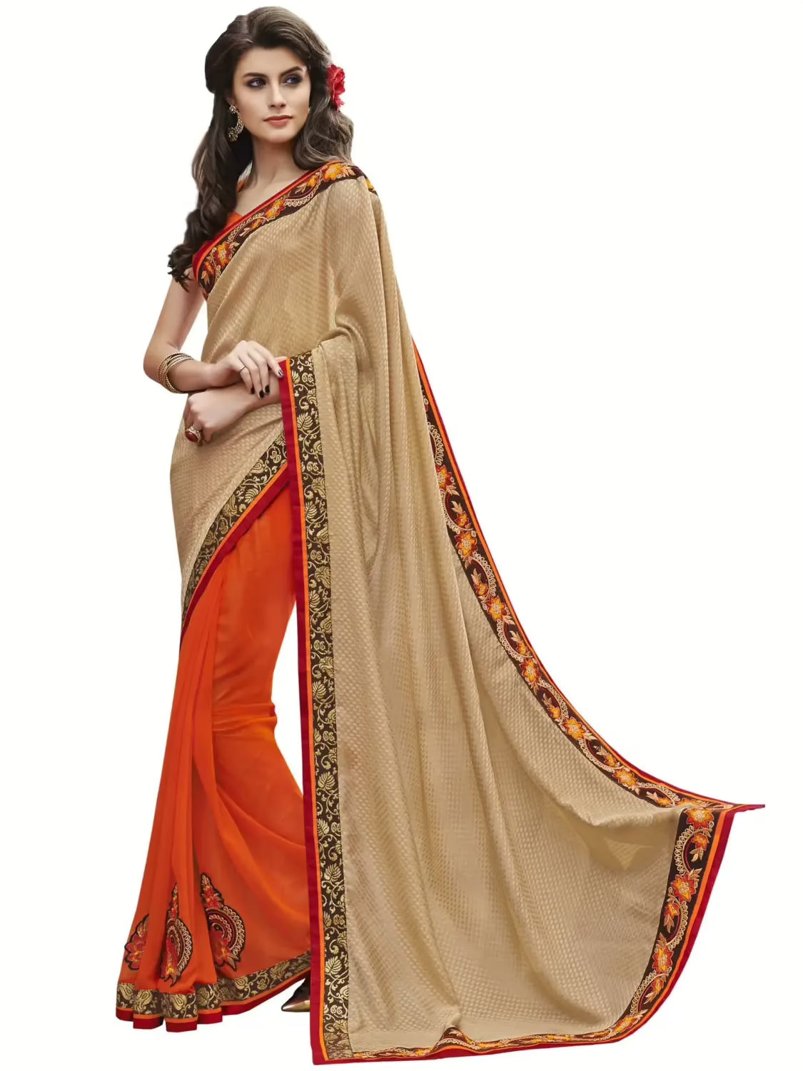 Beige & Orange Traditional Designer Saree With Matching Blouse Piece
