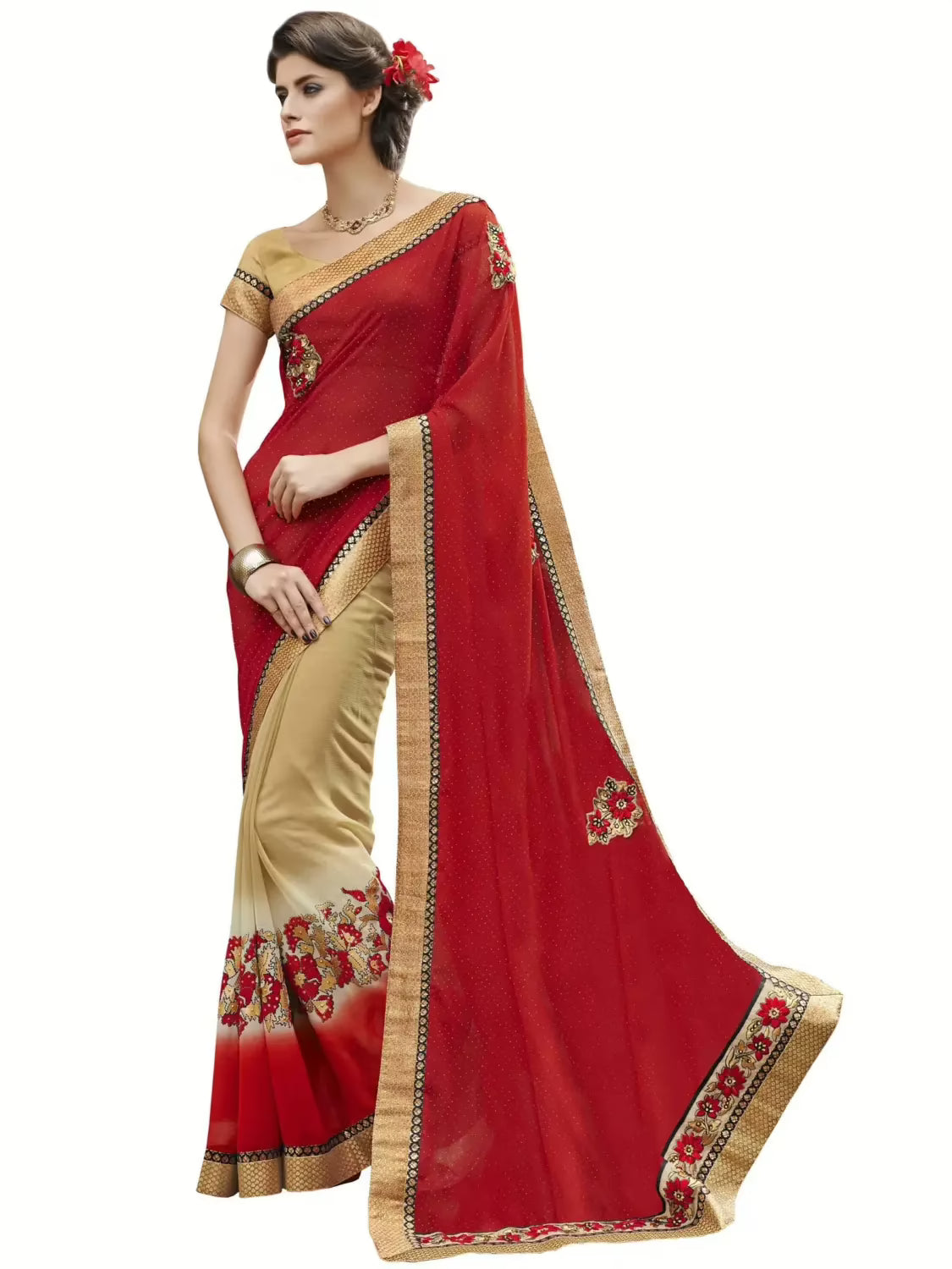 Red & Beige Traditional Designer Saree With Matching Blouse Piece