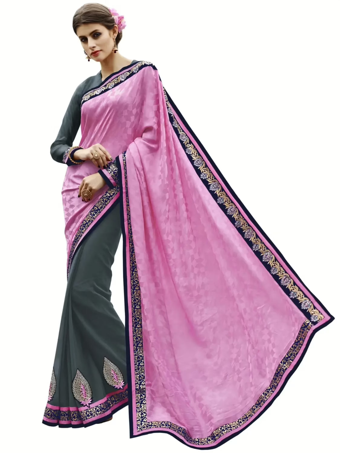 Pink & Grey Traditional Designer Saree With Matching Blouse Piece