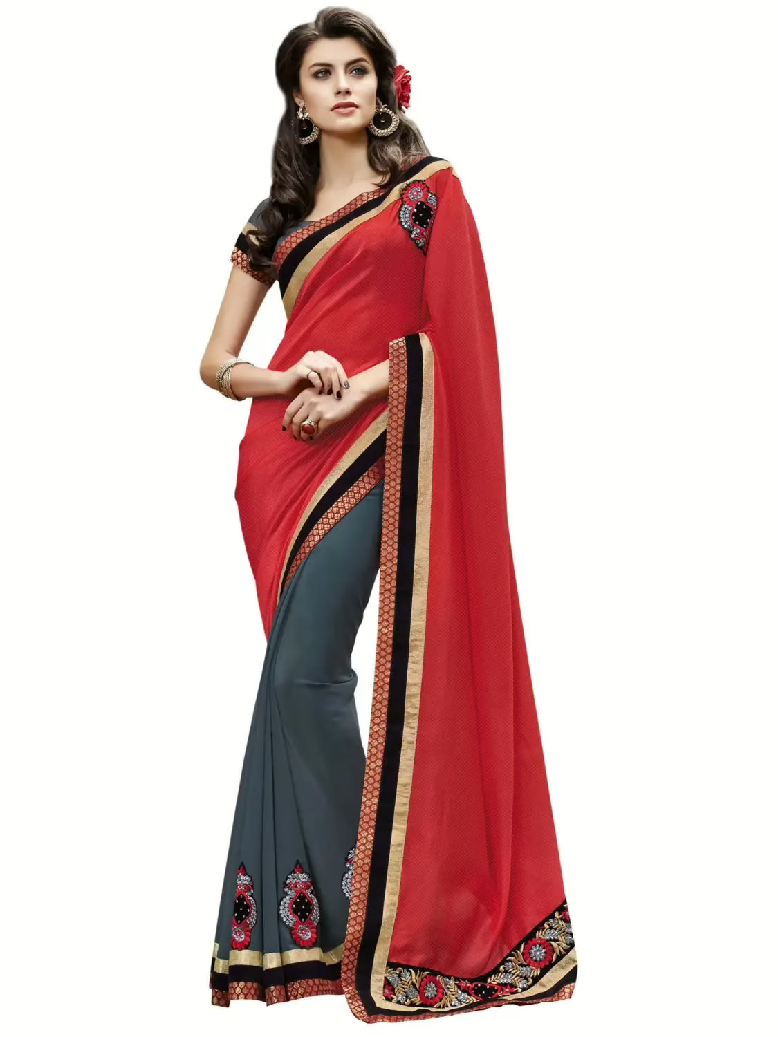 Red & Grey Traditional Designer Saree With Matching Blouse Piece