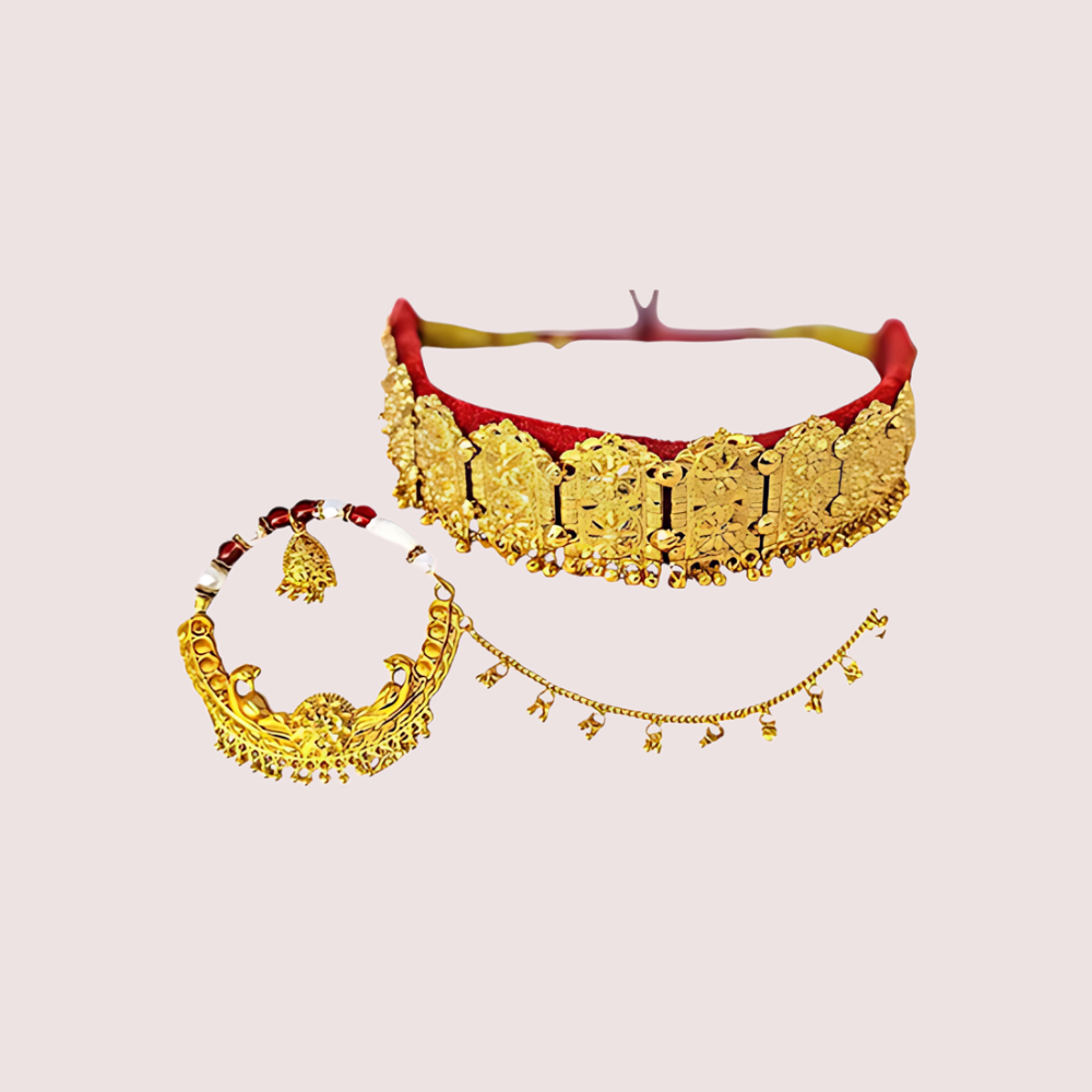 Kumauni Gold-Plated Guluband & Nath Jewellery Set