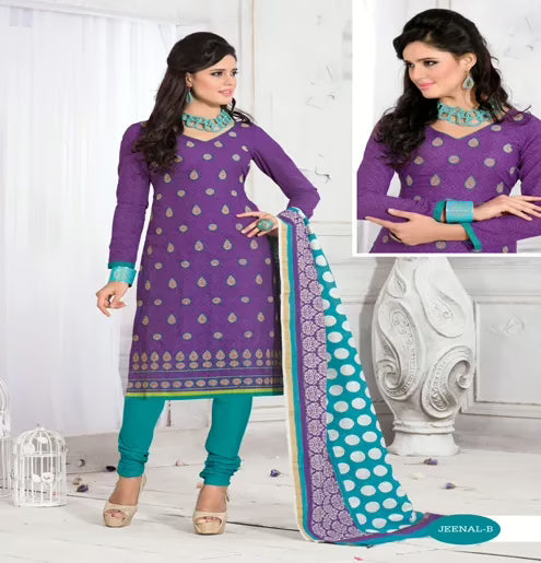 Jeenal-B Cotton Purple & Off White Color Unstitched Suit