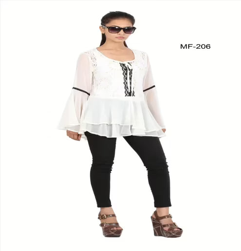Mizzoli White Viscose Semi Gorgette Tunic Top