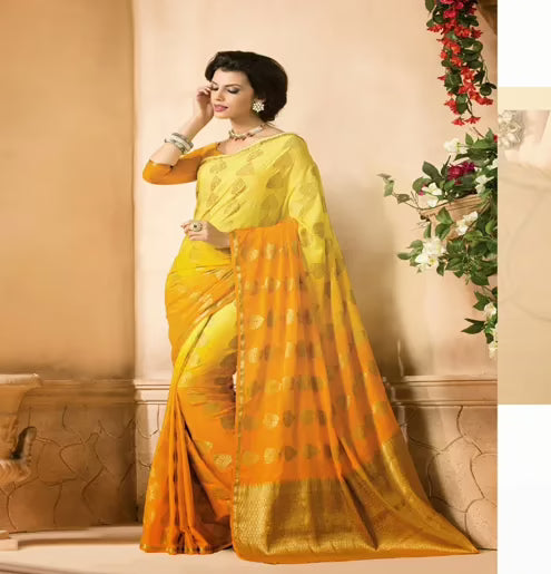 Sakshi Golden & Yellow Color Crepe Silk Saree