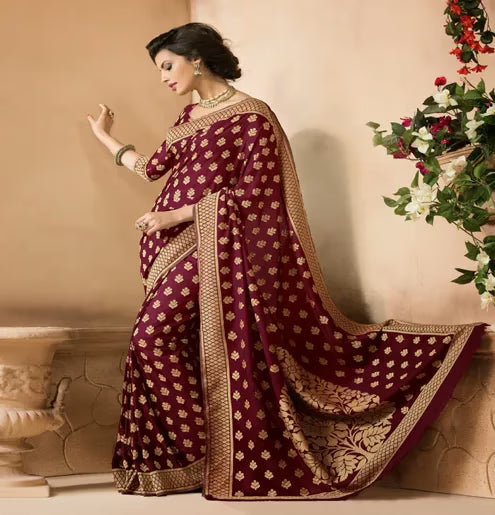 Sakshi Dark Maroon Color Crepe Silk Saree