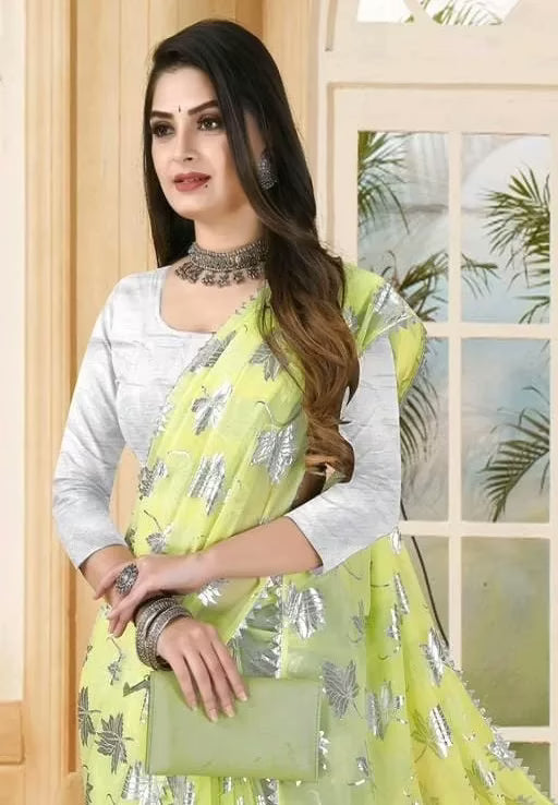 Aadishakti Yellow Fashion Leaf Embellished Sarees