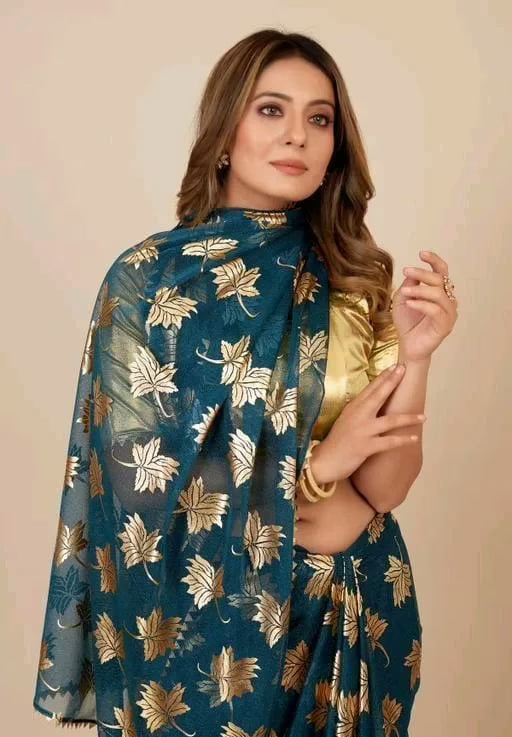 Aadishakti Fashion Leaf Embellished Blue Sarees