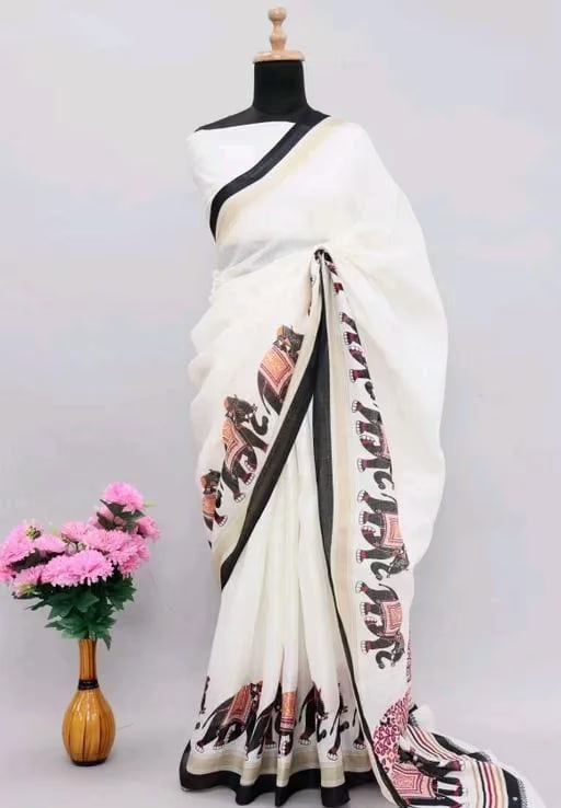 Ikkat White Print Khadi Blended Saree