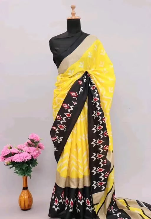 Ikkat Yellow Print Khadi Blended Saree