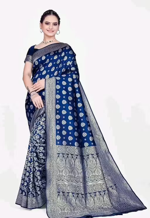 Classic Blue Banarasi Silk Jacquard Saree With Blouse