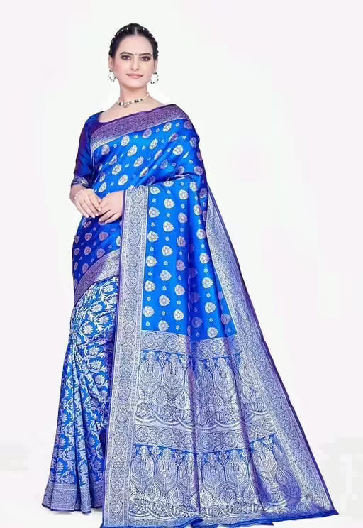 Best Blue Banarasi Silk Jacquard Saree With Blouse