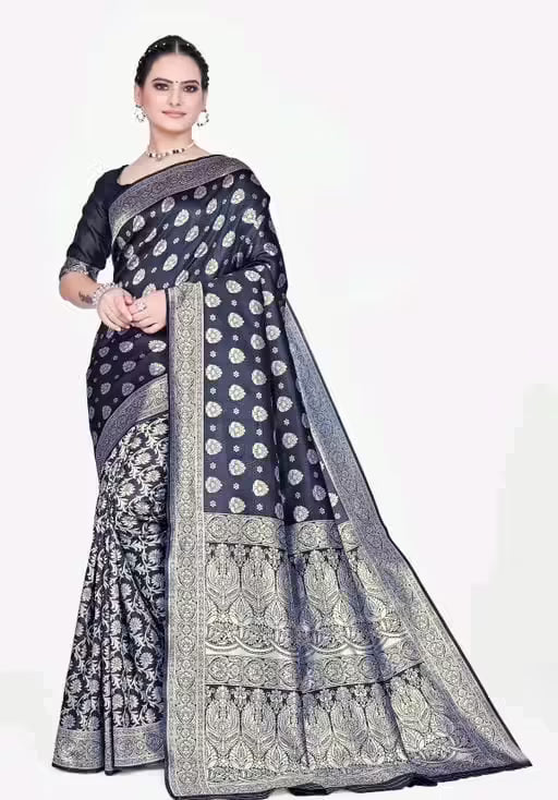 Best Black Banarasi Silk Jacquard Saree With Blouse