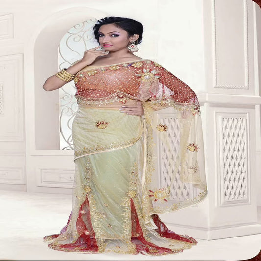 Pazaar Dulari Cream Yellow & Maroon Embroidered Party Lehenga Style Saree