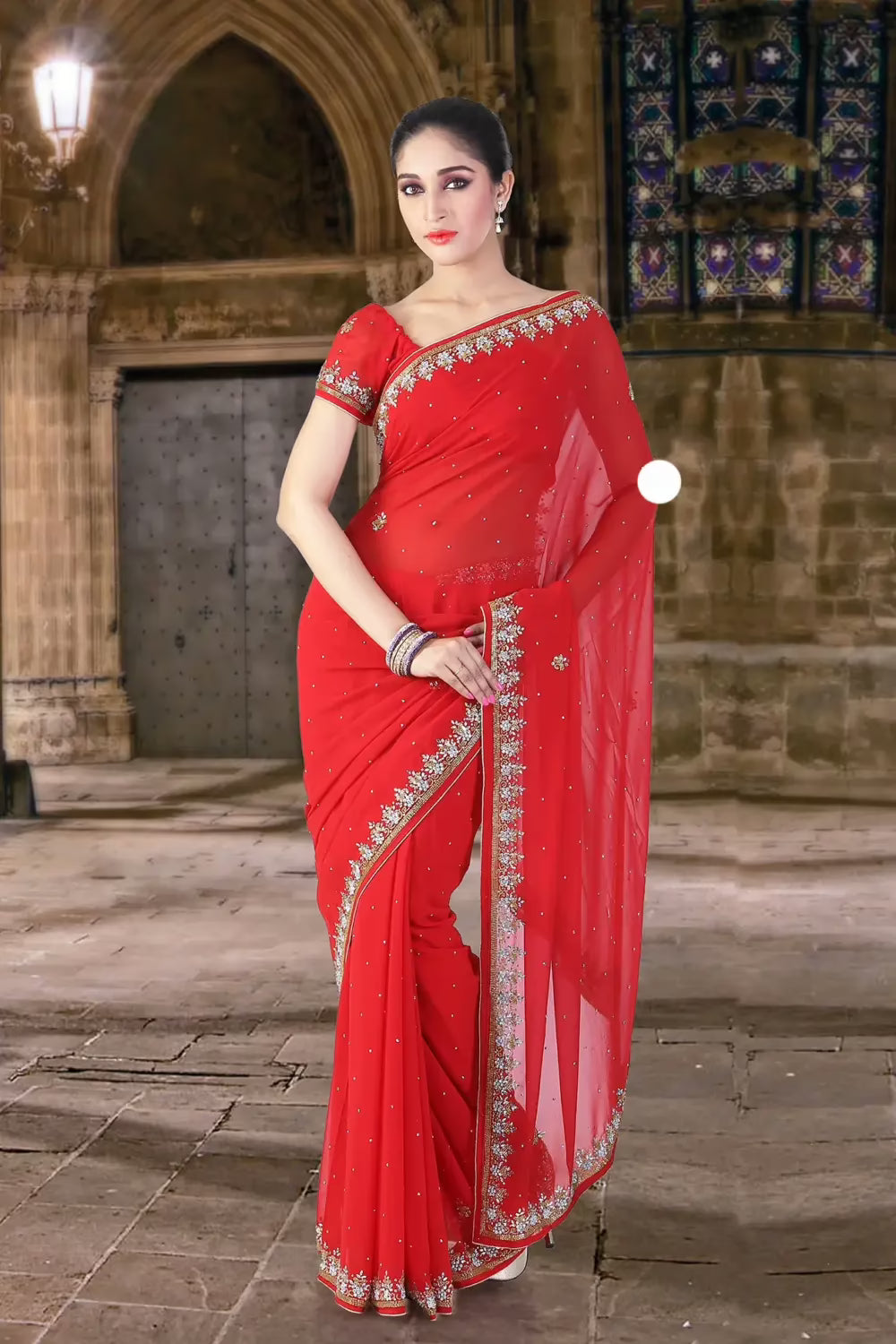 Pazaar Venetian Red Embroidered Party Saree With Zari Thread