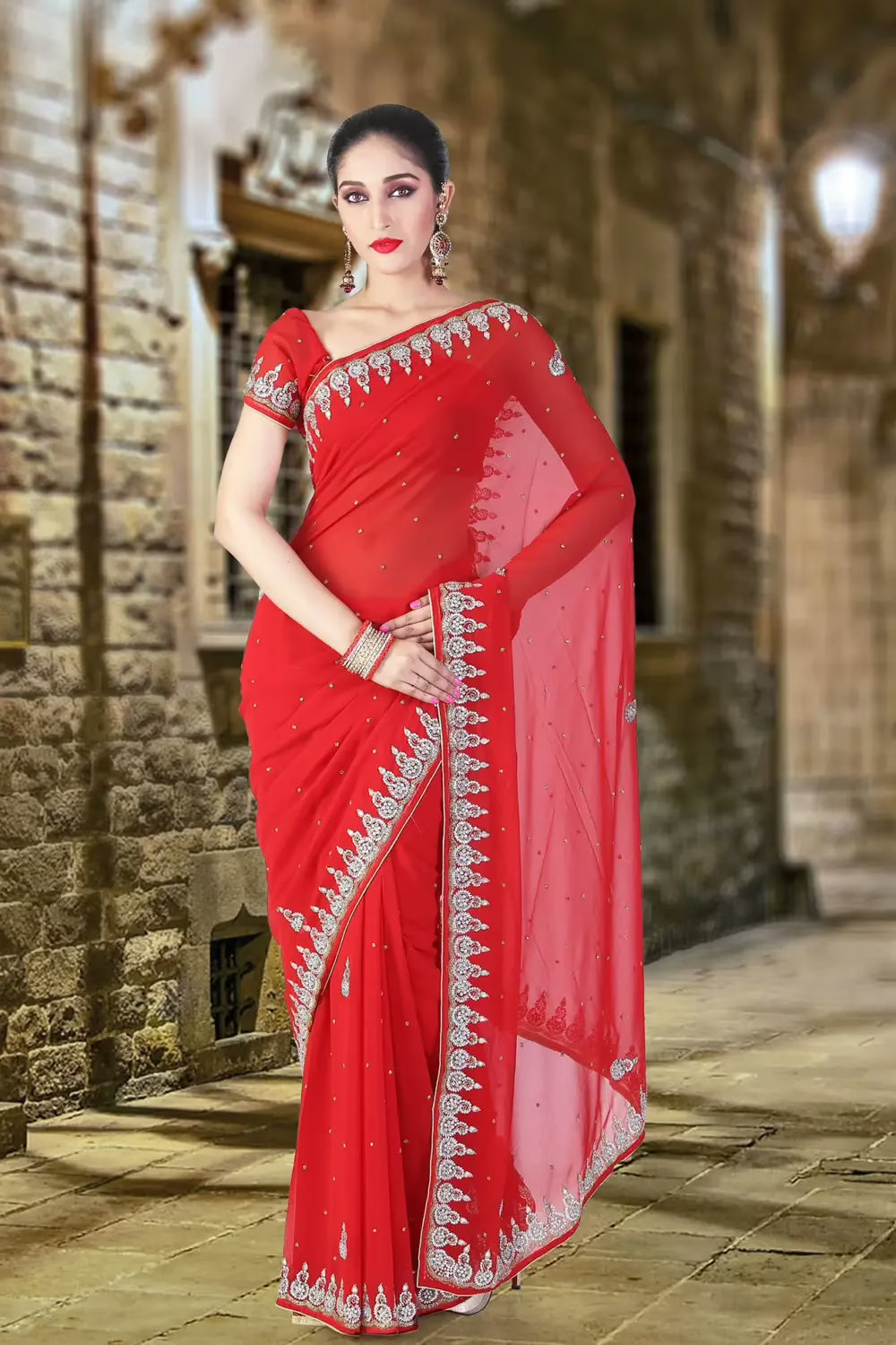 Pazaar Rose-Madder  Red Embroidered Party Saree With Zari Thread