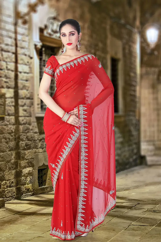 Pazaar Rose-Madder  Red Embroidered Party Saree With Zari Thread