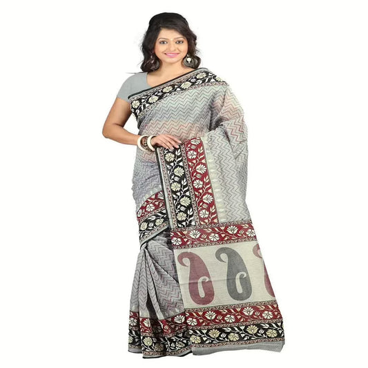 Lookslady Printed Grey & Maroon Cotton Saree