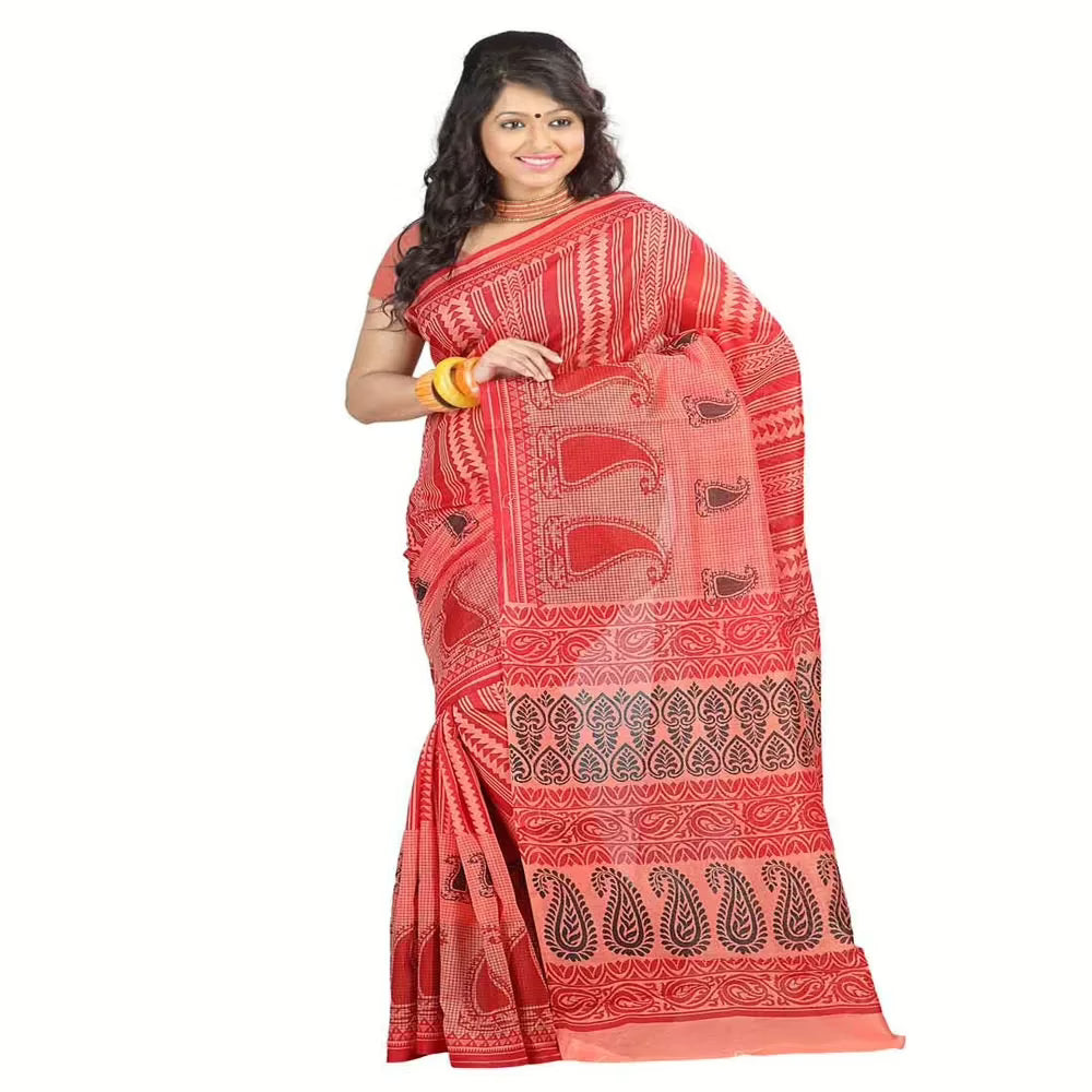 Lookslady Printed Pink & Maroon Cotton Saree