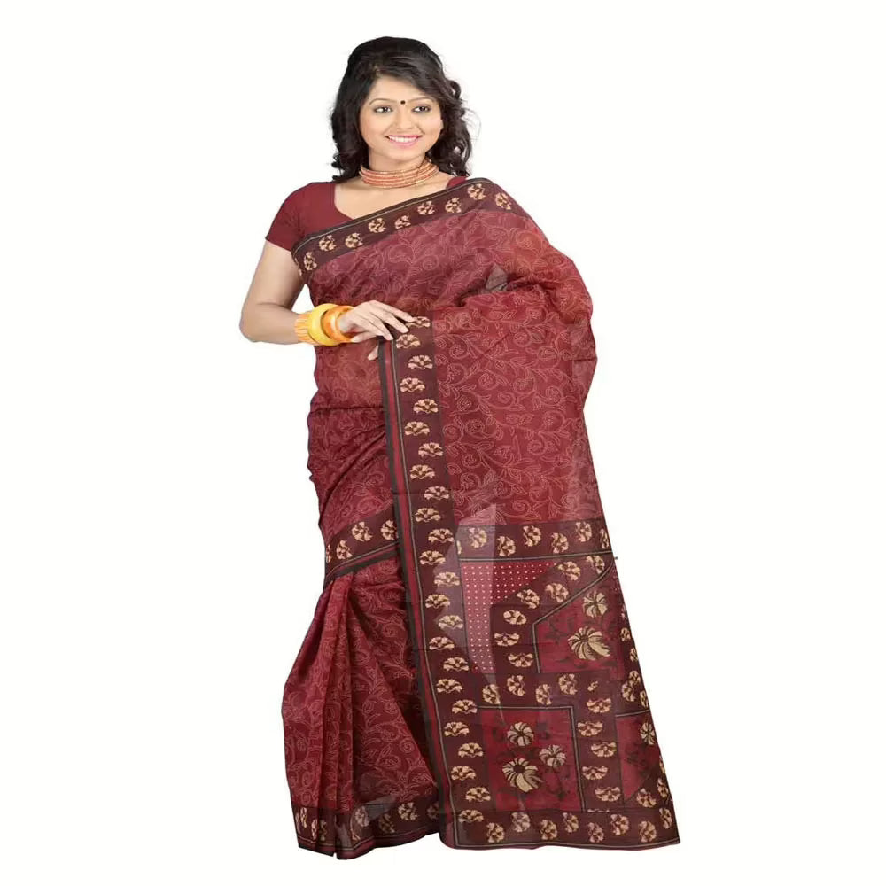 Lookslady Printed Maroon & Beige Cotton Saree