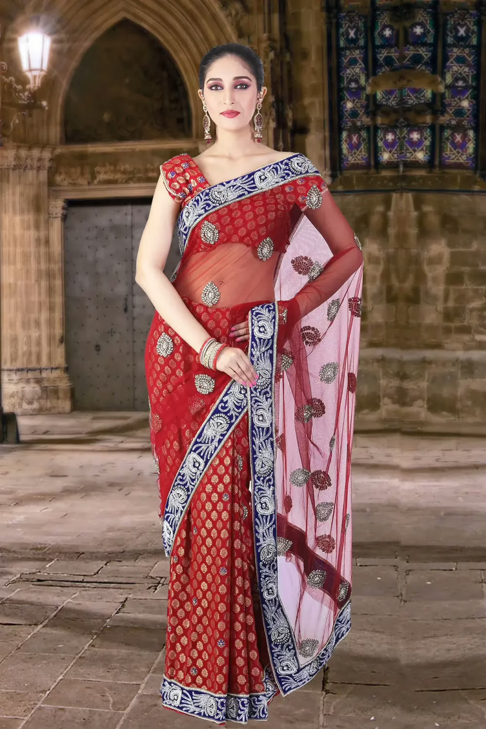 Pazaar Carmine Red Embroidered Party Saree With Zari Thread