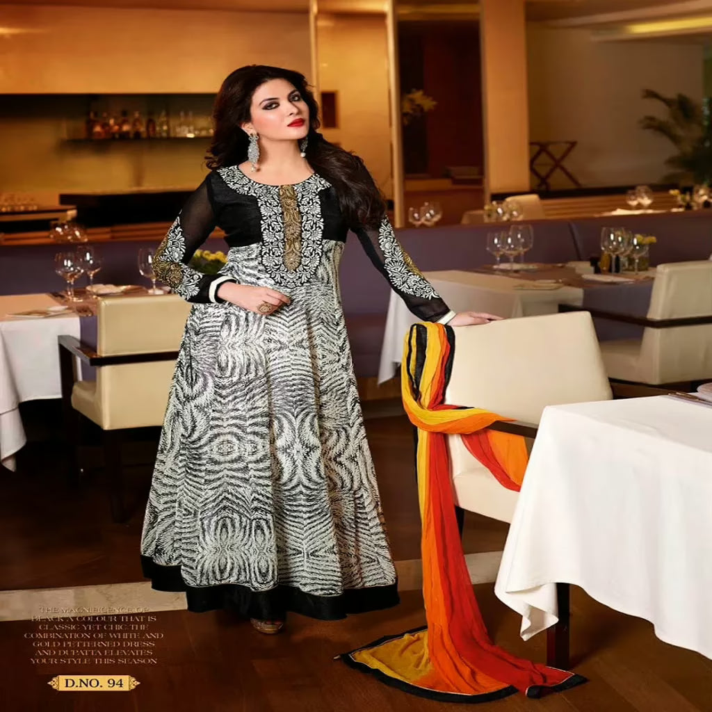 F3 Fashion Black & White Printed & Embroidered Anarkali Suit