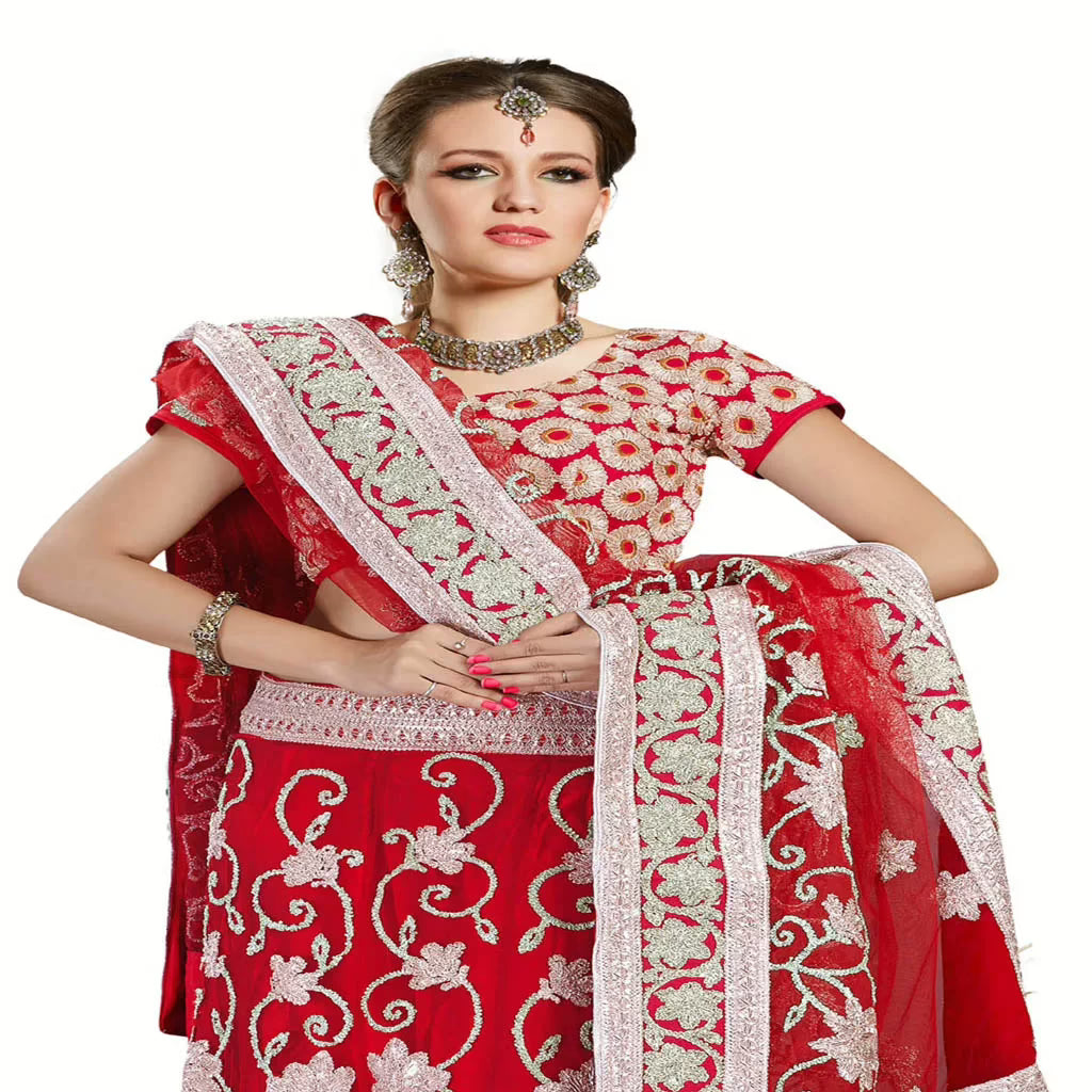 Ambaji Red Colored Net Embroidered Lehenga Choli