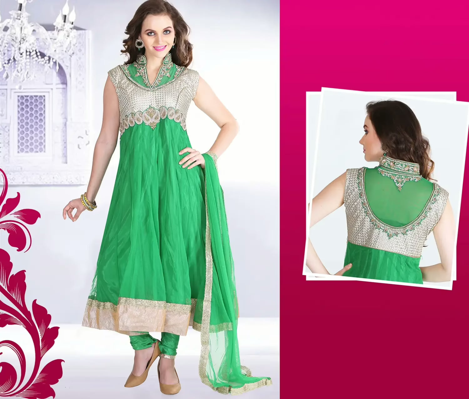 Pazaar Afreen Jade Green and Off-white Embroidered Anarkali Salwar Kameez