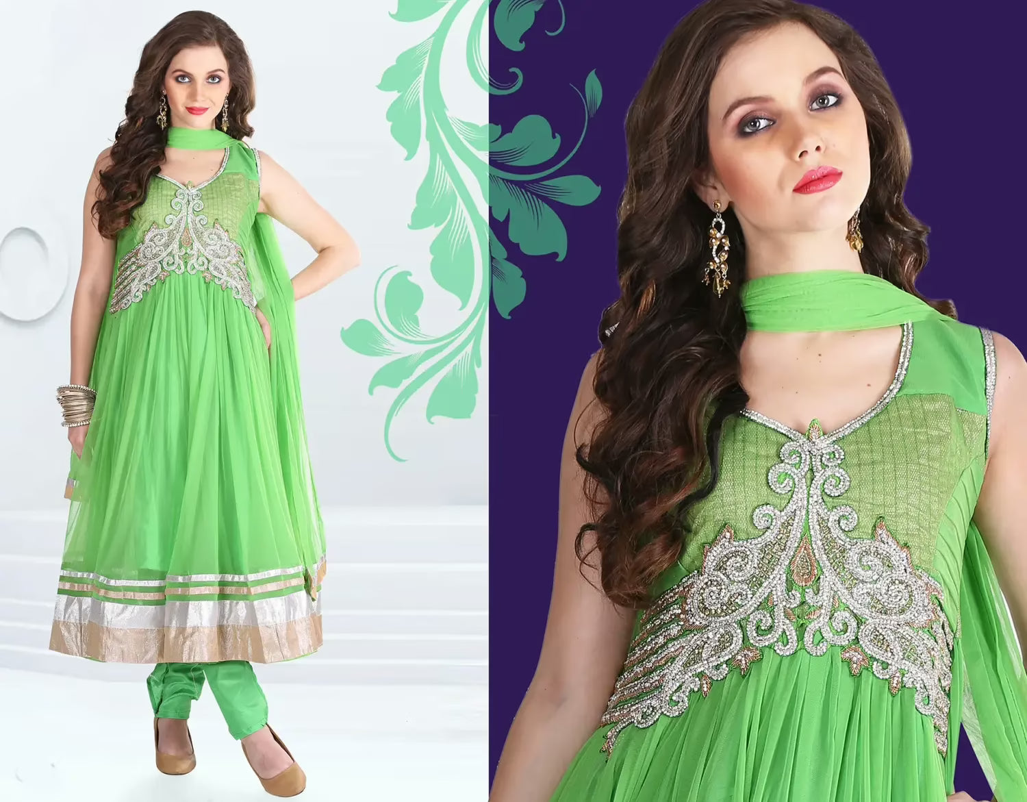 Pazaar Afreen Lime Green Embroidered Anarkali Salwar Kameez