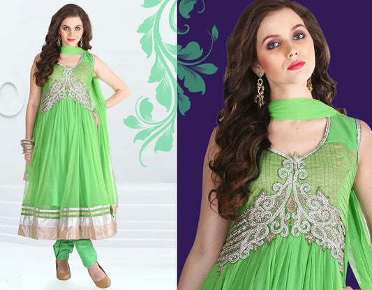 Pazaar Afreen Lime Green Embroidered Anarkali Salwar Kameez