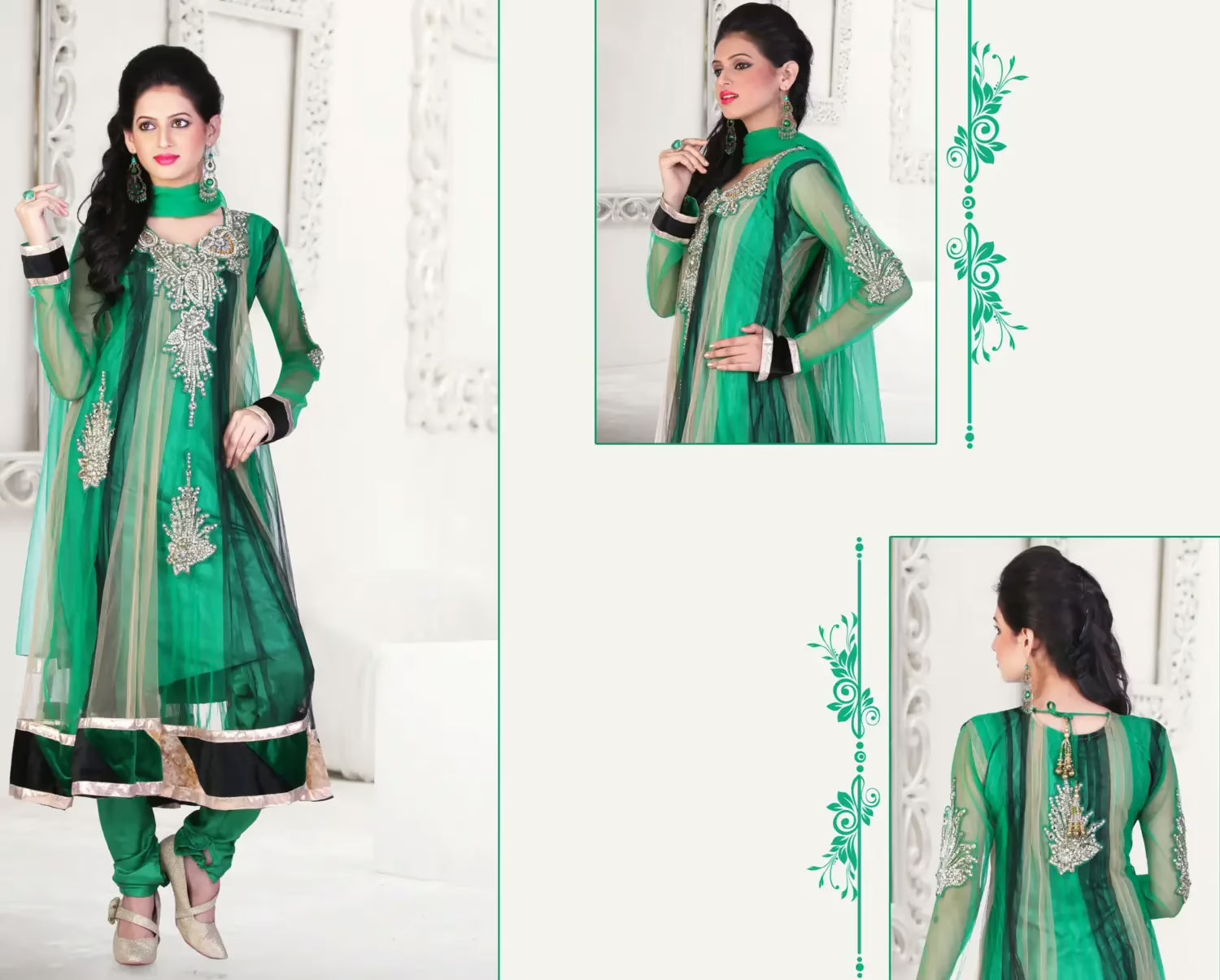 Pazaar Kaanchi Black and Sea Green Embroidered Anarkali Salwar Kameez