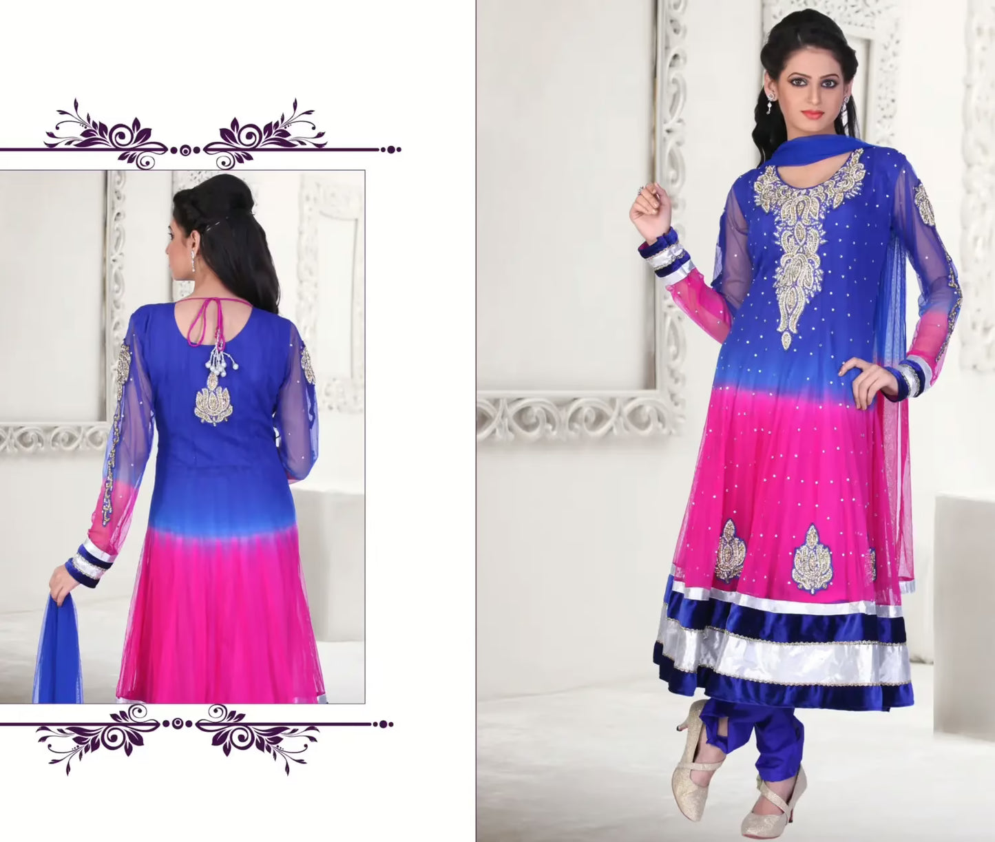 Pazaar Kaanchi Dark Blue and Cerise Pink Embroidered Anarkali Salwar Kameez