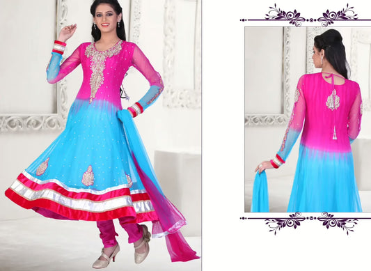 Pazaar Kaanchi Deep Pink and Deep Sky Blue Embroidered Anarkali Salwar Kameez