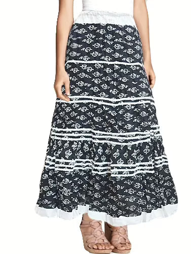 Vogue Black Laced Wrinkled Floral Print Ankle Length Skirt