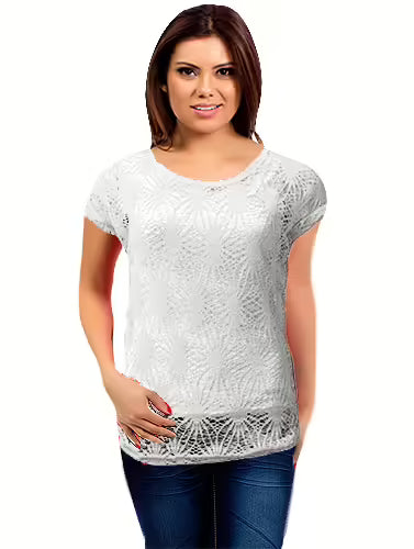 White Short Sleeves Round Neck Crochet Top