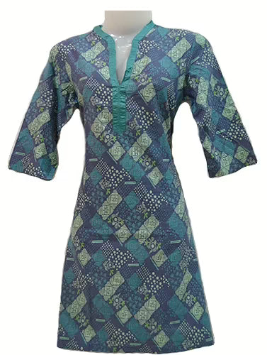 W-Classic Green Blue Print Cotton Kurti