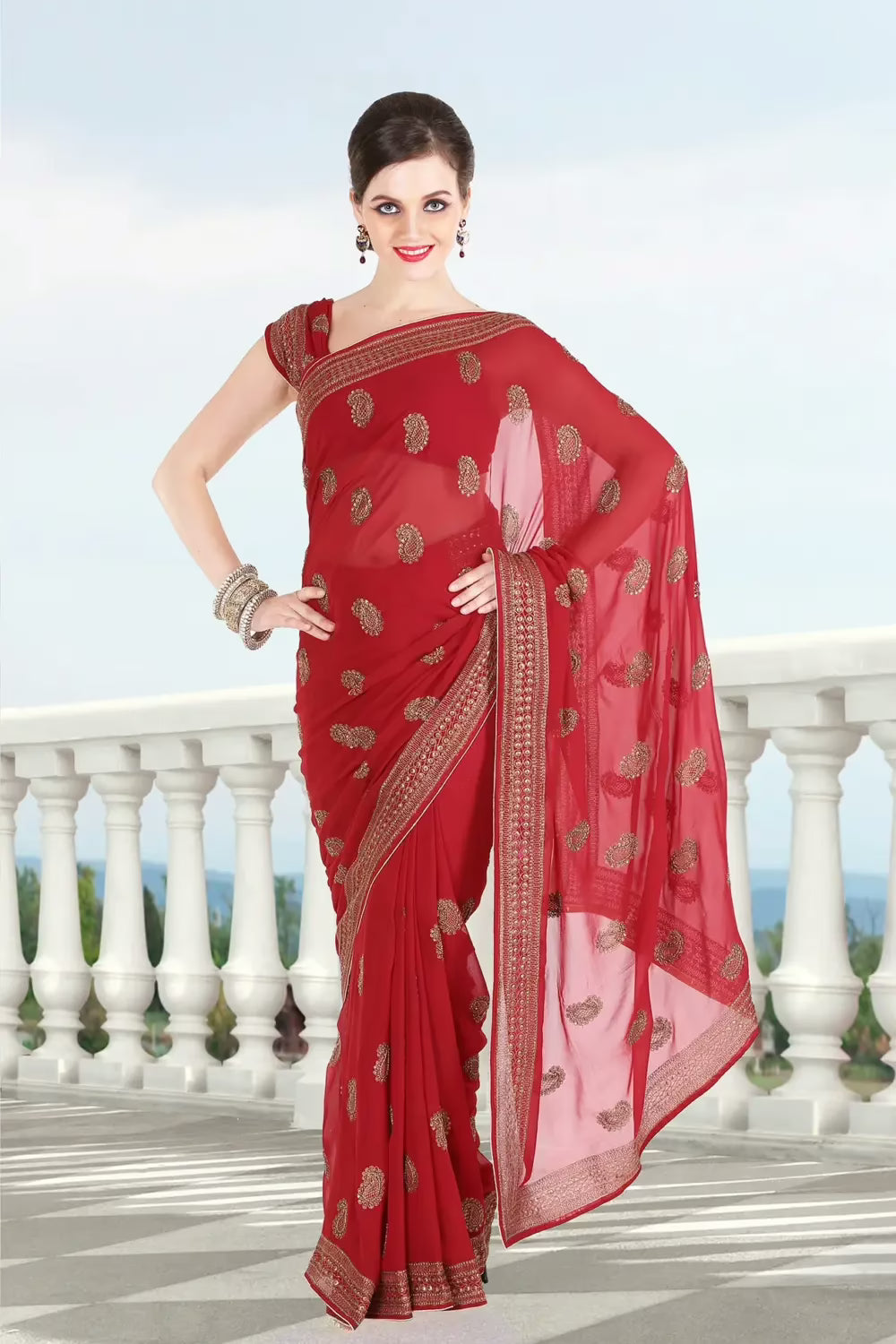 Pazaar Cardinal Red Embroidered Party Saree With Zari Thread