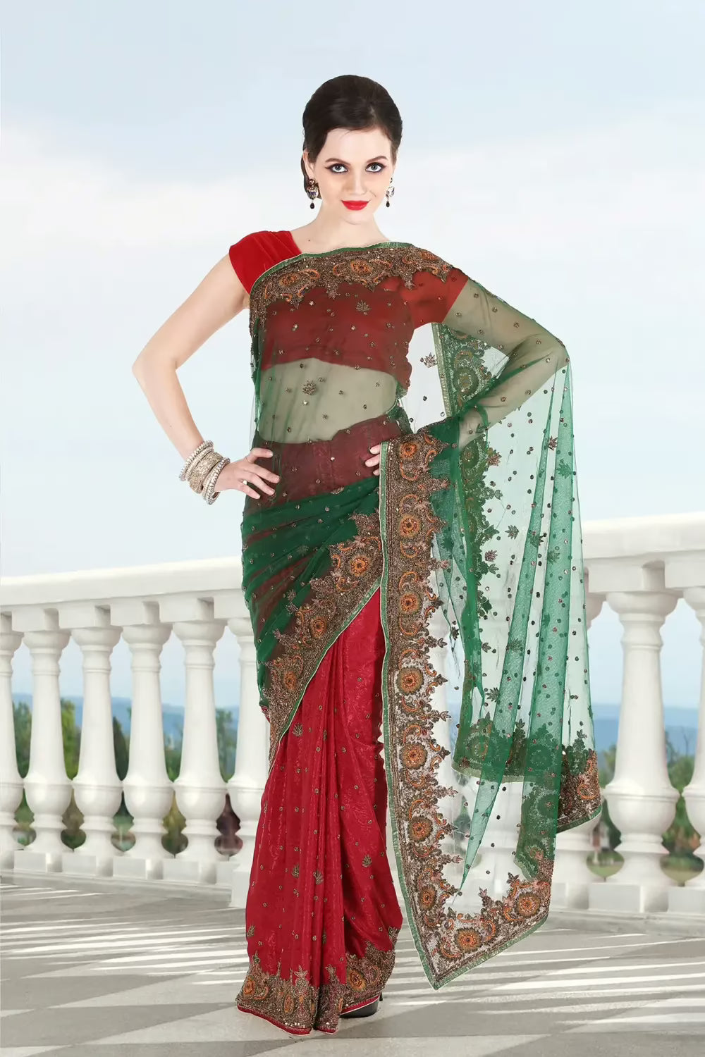 Pazaar Pine Green and Cardinal Red Embroidered Party Saree With Zari Thread
