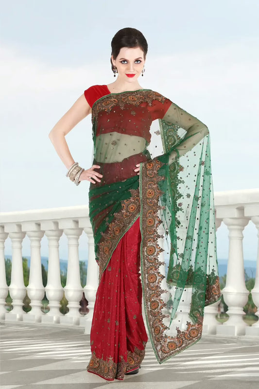 Pazaar Pine Green and Cardinal Red Embroidered Party Saree With Zari Thread