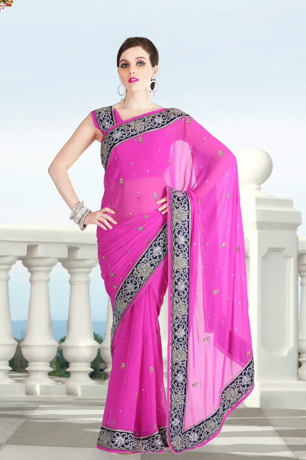 Pazaar Rose Pink Embroidered Party Saree With Zari Thread