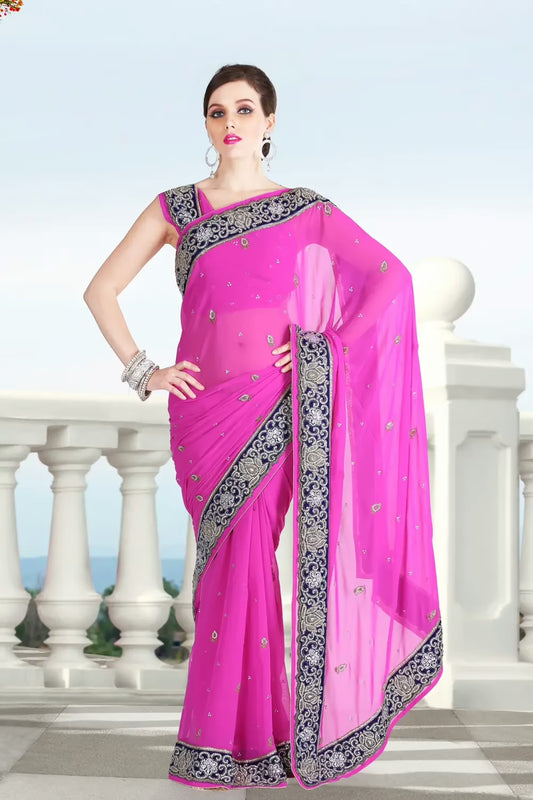 Pazaar Rose Pink Embroidered Party Saree With Zari Thread
