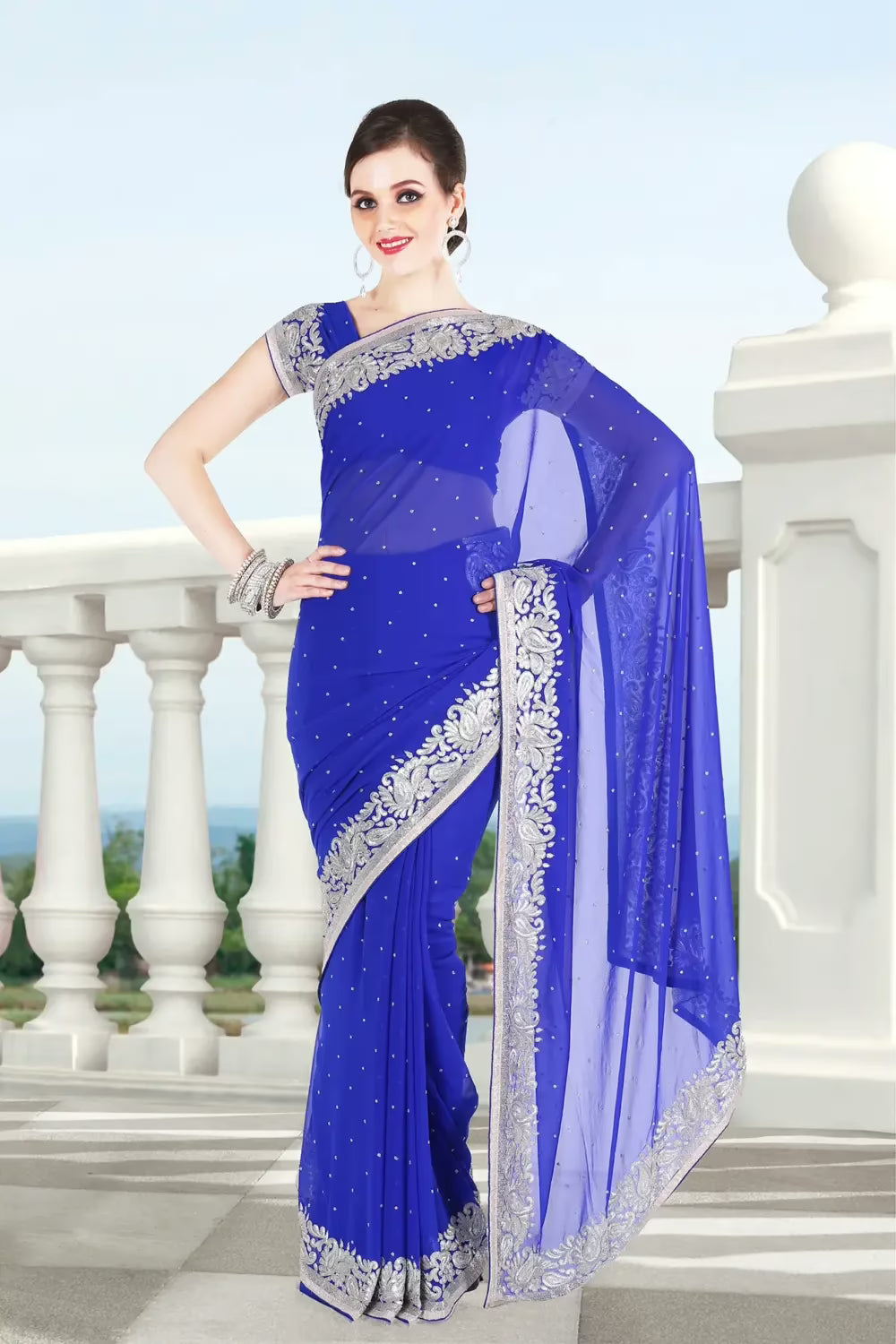Pazaar Persian Blue Embroidered Party Saree With Zari Thread