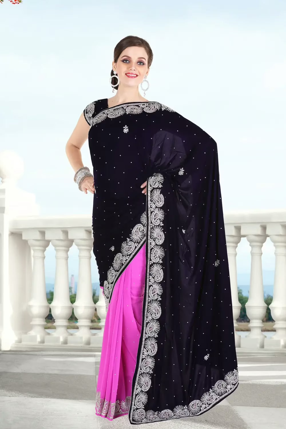 Pazaar Sapphire Blue and Fuchsia Pink Embroidered Party Saree With Zari Thread