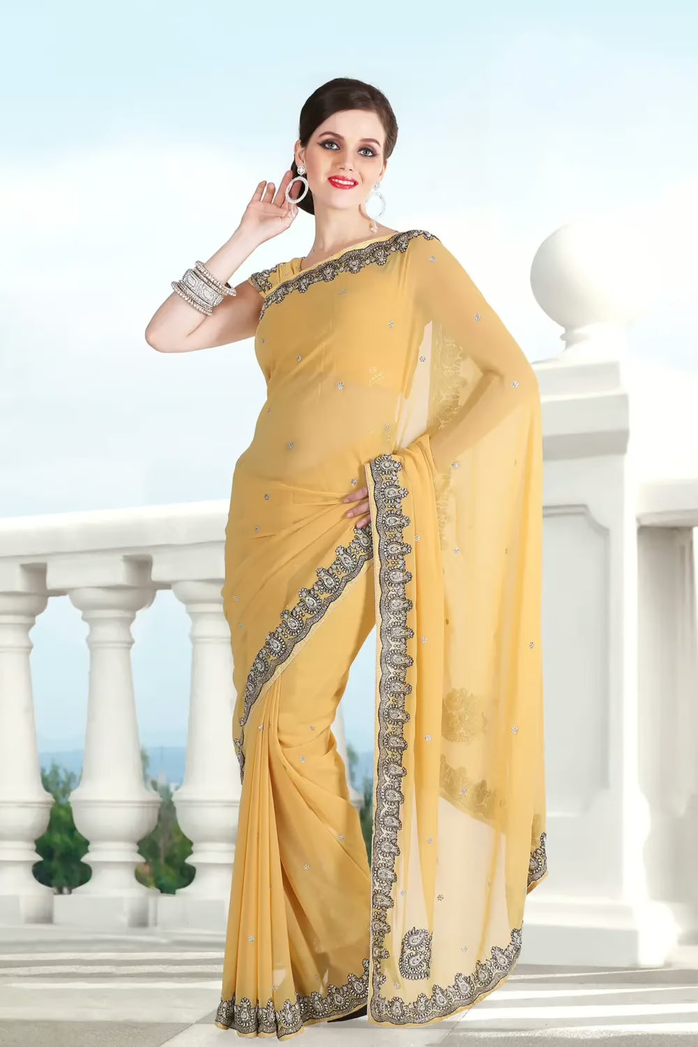 Pazaar Buff Yellow Embroidered Party Saree With Zari Thread