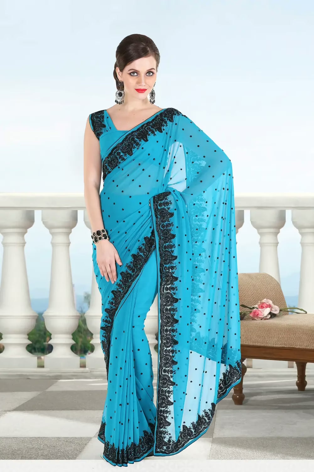 Pazaar Teal Blue Embroidered Party Saree With Zari Thread