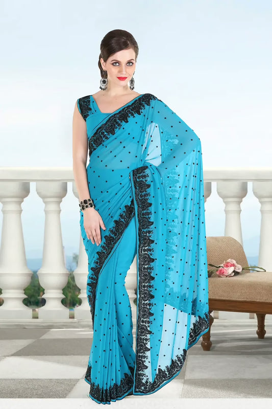Pazaar Teal Blue Embroidered Party Saree With Zari Thread