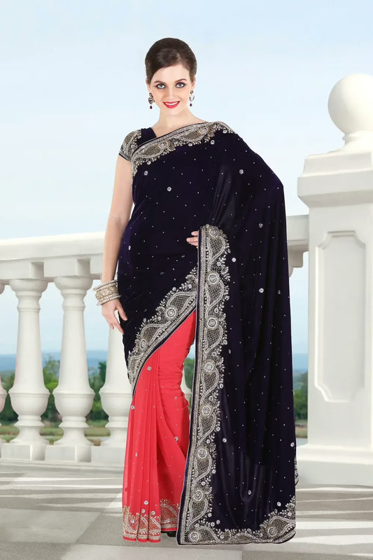 Pazaar Sapphire Blue and Coral Red Embroidered Party Saree With Zari Thread