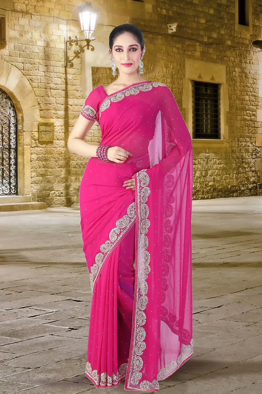 Pazaar Red-violet Embroidered Party Saree With Zari Thread