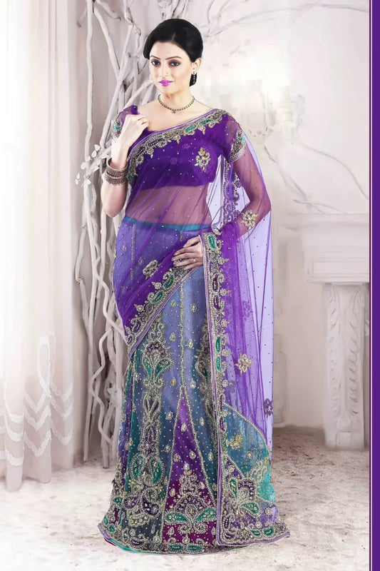 Amethyst Violet and Robin-egg Blue embroidered party lehenga