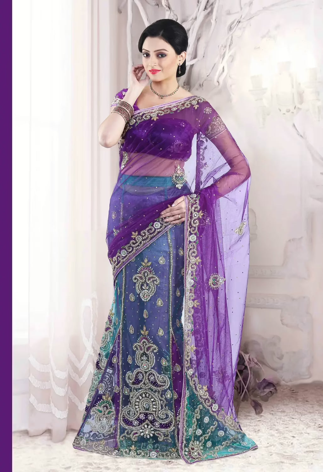 Pazaar Amethyst Violet and Jungle Green Embroidered Party Lehenga Saree