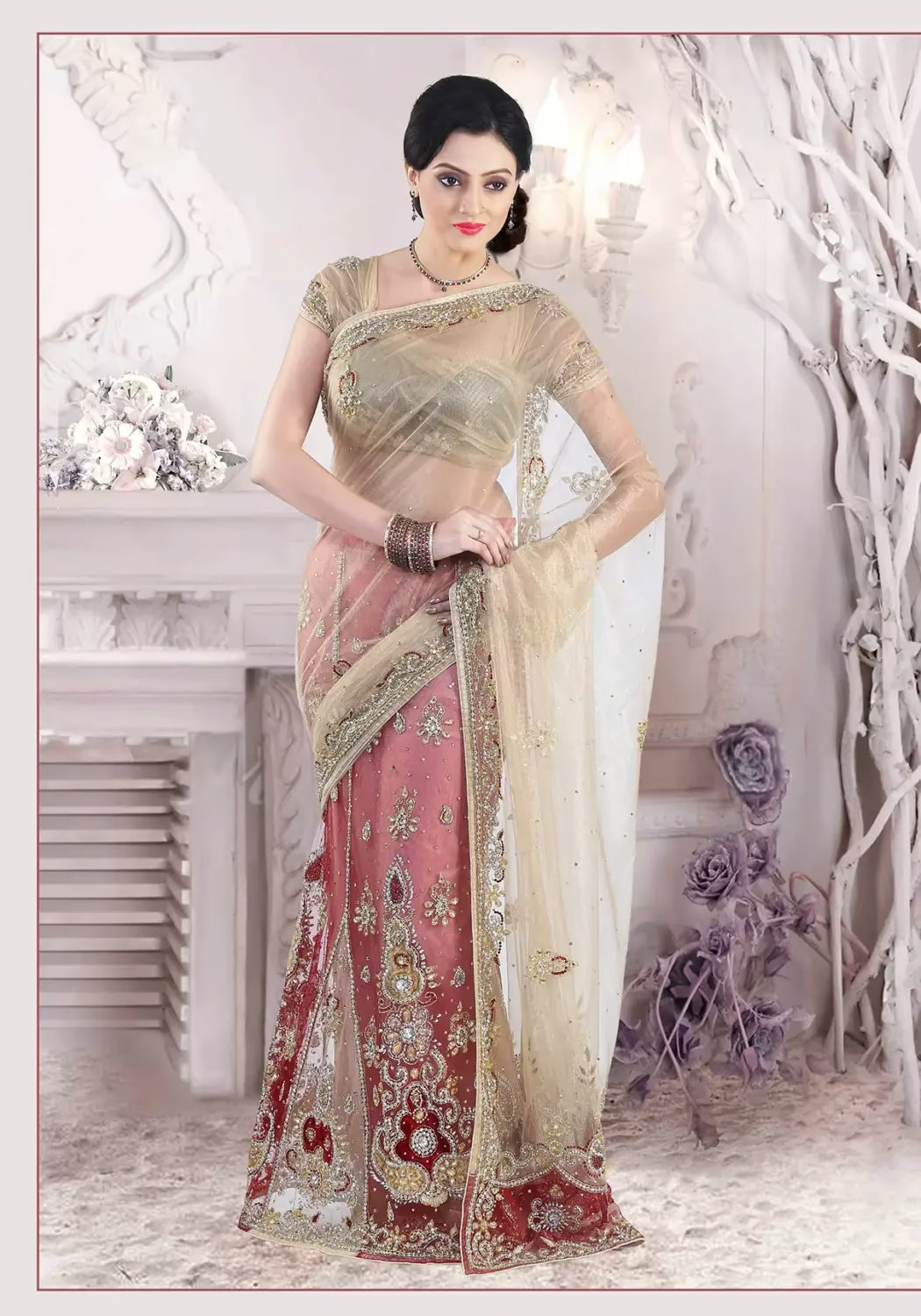 Pazaar Cream Yellow and Chestnut Red Embroidered Party Lehenga Saree